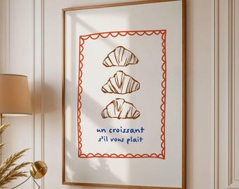 Croissant Kitchen Print, Trendy French Bakery Food Poster, Printable Retro Hand Drawn Wall Art, Cute Kitchen Aesthetic, Digital Download