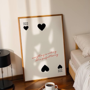 Arte de pared con el número de ángel 222, impresión de naipes con forma de corazón, arte de manifestación imprimible, póster de la ley de la atracción, decoración de pared espiritual de moda
