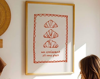 Croissant Kitchen Print, Trendy French Bakery Food Poster, Printable Pink Hand Drawn Wall Art, Cute Kitchen Aesthetic, Digital Download