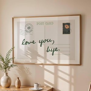 Love You Bye kunst aan de muur, vintage postkaartafdruk, trendy groene handgetekende poster, decor girly collegezaal, retro appartement, horizontale prints