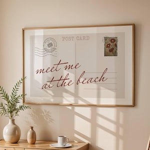 Ontmoet me op het strand kunst aan de muur, vintage postkaart print, trendy rode typografie poster, girly college slaapzaal decor, beachy esthetiek aan de kust