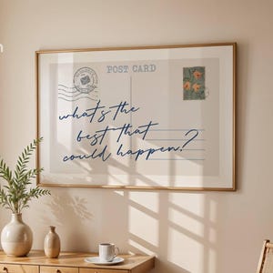 Decorazione murale "Qual è il meglio che potrebbe accadere", stampa di cartoline vintage, poster blu alla moda disegnato a mano, arredamento per dormitori universitari femminili, appartamento retrò