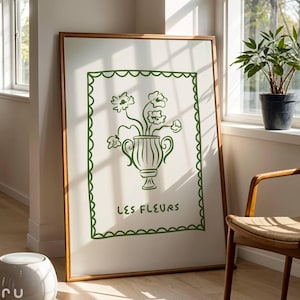 Arte de pared Les Fleurs, impresión de jarrón de flores imprimible, arte de línea fina floral de moda, póster de ramo de flores lindo, decoración minimalista del hogar, verde