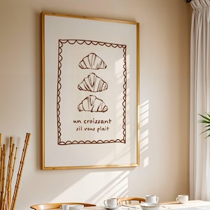 Impresión de croissant de moda, arte de pared de comida vintage imprimible, decoración de cocina, lindo póster de panadería francesa, regalos para amantes del café, descarga digital