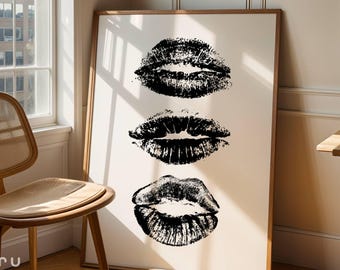 Black White Kiss Lips Wall Art, Retro Funky Print, Aesthetic Preppy Printable Poster, Cute Apartment Decor, Girly College Dorm, Coquette