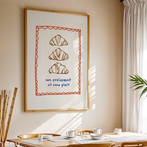 Impresión de croissant de moda, arte de pared de comida vintage imprimible, decoración de cocina, lindo póster de panadería francesa, regalos para amantes del café, descarga digital