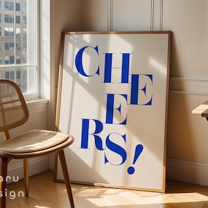 Cheers Print, Bar Cart Wall Decor, Trendy Poster, Printable Kitchen Wall Art, Cheers Sign, Bar Cart Accessories, Digital Download, Blue