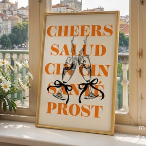 Proost Salud Cin Cin-print, barwagen wanddecoratie, trendy handgetekende poster, afdrukbare retro keuken kunst aan de muur, kleurrijk drankje, oranje doodle