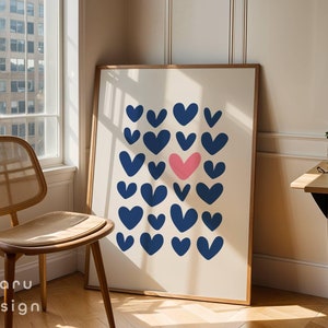 Blue Pink Hearts Wall Art, Abstract Hand Drawn Heart, Preppy Printable Poster, Y2K Cute Prints, Girly College Dorm, Apartment Decor, Love