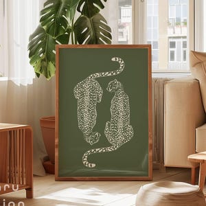 Grüner Gepard Wandkunst, Retro Funky Druck, ästhetisches adrettes druckbares Plakat, niedliches Wohnungsdekor, Girly College-Wohnheim, Leopard-Kunstwerk
