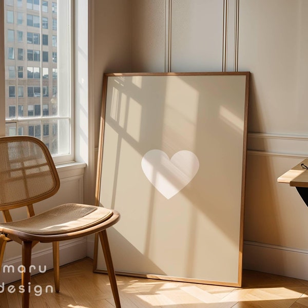 Beige weißes Herz Wandkunst, Minimalistischer Liebe Druck, Schlafzimmer Dekor, ästhetisches Preppy druckbares Poster, Kinderzimmer Dekor (Digitaler Download)
