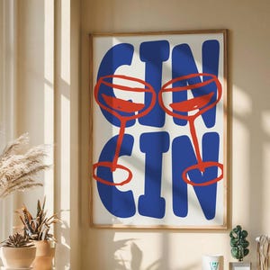 Cin Cinプリント、バーカートの壁飾り、トレンディなカクテルポスター、印刷可能なレトロなキッチン壁アート、乾杯サイン、カクテル愛好家へのギフト、ブルードゥードゥル