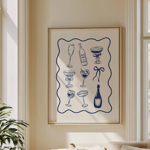 Wydruki szampana, wydruk Cheers, dekoracja ścienna wózka barowego Coquette, modny plakat, drukowana sztuka ścienna do kuchni, pobieranie cyfrowe, granatowy beż