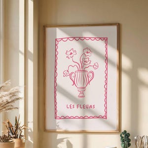 Les Fleurs Wall Art, Printable Flower Vase Print, Trendy Floral Fine Line Art, Cute Flower Bouquet Poster, Minimalist Home Decor, Pink Art