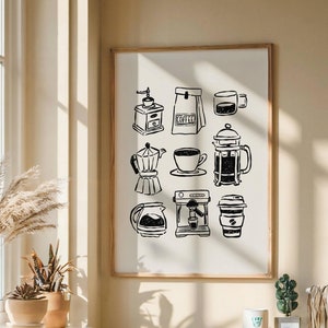 Wydrukowana sztuka ścienna do kuchni, ręcznie rysowany wydruk kawiarni, minimalistyczny rysunek wystroju domu, modny plakat, pobieranie cyfrowe, nowoczesny czarny beż