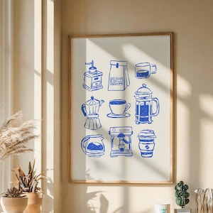 Afdrukbare keukenmuurkunst, handgetekende koffiebarprint, minimale tekening woondecoratie, trendy poster, digitale download, mokapotafdrukken, blauw