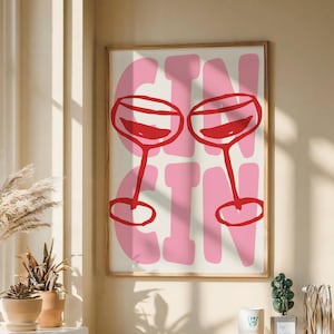 Cin Cin-print, wanddecoratie barwagen, trendy cocktailposter, afdrukbare retro keukenmuurkunst, proostbord, cadeau cocktailliefhebber, cadeau cocktailliefhebber, roze doodle