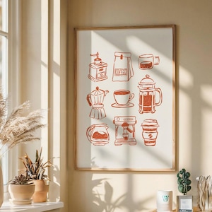 Wydrukowana sztuka ścienna do kuchni, ręcznie rysowany nadruk kawiarni, minimalistyczny rysunek wystroju domu, modny plakat, pobieranie cyfrowe, nadruki na kawiarce, czerwony