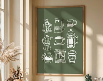Green Kitchen Wall Art, Hand Drawn Coffee Bar Print, Minimal Drawing Decor, Printable Trendy Poster, Espresso Illustration, Digital Download