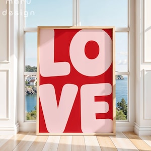 Trendy LOVE Print: Retro Pink Red Beige Typography (Digital Download)