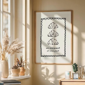 Impresión de croissant de moda, arte de pared de comida vintage imprimible, decoración de cocina, lindo póster de panadería francesa, regalos para amantes del café, descarga digital