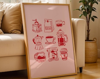 Pink Coffee Wall Art, Hand Drawn Kitchen Print, Minimalist Espresso Illustration (Digital Download)