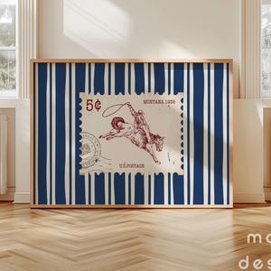 Arte mural de rodeo a rayas vintage, póster retro de vaquera, estampado western de moda, decoración de apartamentos, decoración rústica moderna de mediados de siglo, caballo retro