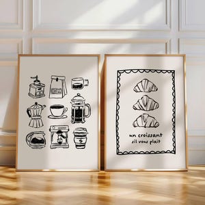 Afdrukbare keukenset van 2 muurkunst, handgetekende koffiebarprint, minimale tekening woondecoratie, trendy Croissantposter digitale download zwart