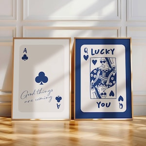Trendy Playing Card Wall Art Set Of 2, Club Ace Card Lucky You Print Preppy Printable Bar Cart Poster Funny Art Cute Apartment Decor Navy