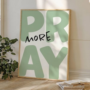 Pray More Wall Art, Minimalist Christian Decor, Printable Bible Verse Poster, Handwritten Print, Scripture gifts Retro Bold Typography Green