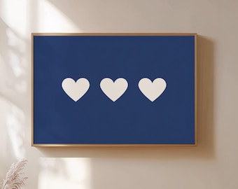 Navy Blue 3 Hearts Wall Art, Aesthetic Preppy Printable Poster, Minimalist Love Print, Cute Nursery Decor (Digital Download, Horizontal)