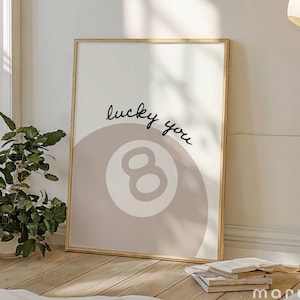 Trendy Lucky You 8 Ball kunst aan de muur, minimale tekening print, retro handgetekende poster, schattig appartement decor, girly college slaapzaal, esthetisch beige