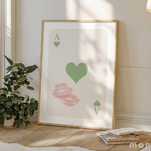 Trendy Ace of Hearts Wall Art, Kiss Lips Print, Retro Playing Card Poster, Cute Apartment Decor, Girly College Dorm, Aesthetic Sage Green