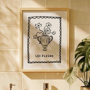 Arte de pared Les Fleurs, impresión de jarrón de flores imprimible, arte de línea fina floral de moda, póster de ramo de flores lindo, decoración minimalista del hogar, botánico