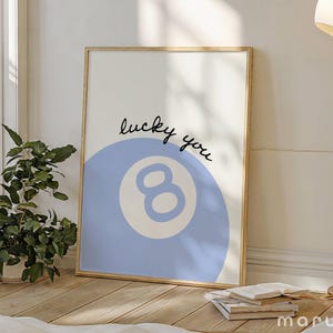 Trendige Lucky You 8 Ball Wandkunst, Minimaler Zeichnungsdruck, Retro handgezeichnetes Poster, niedliches Wohnung Dekor, Girly Studentenwohnheim, ästhetisches Blau