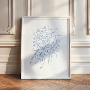 Impresión floral azul dibujada a mano, ilustración de ramo de flores, póster estético bohemio, arte de pared vintage, botánico imprimible, arte de línea fina