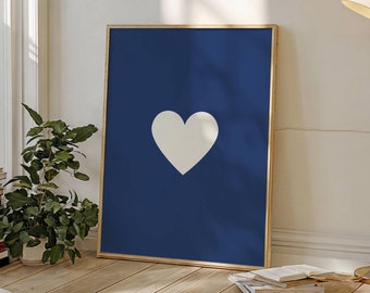 Navy Blue Heart Wall Art, Bedroom Decor, Aesthetic Preppy Printable Poster, Love Print, Nursery Art, Kids Room Art, Girly College Dorm