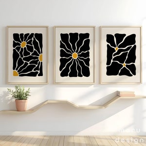 Beige Black Abstract Botanical Set of 3, Abstract Floral Illustration, Boho Printable, Modern Moody Poster, Organic Wall Art, Flower Market
