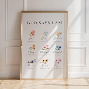 God Says I Am Floral Print, Printable Bible Verse Wall Art, Minimalist ...