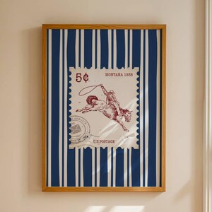 Arte mural de rodeo a rayas vintage, póster retro de vaquera, estampado western de moda, decoración de apartamentos, decoración rústica moderna de mediados de siglo, caballo retro