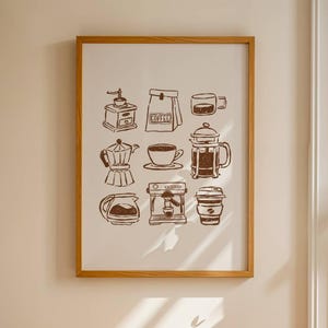 Afdrukbare keukenmuurkunst, handgetekende koffiebarprint, minimale tekening woondecoratie, trendy poster, digitale download, mokapotafdrukken, bruin