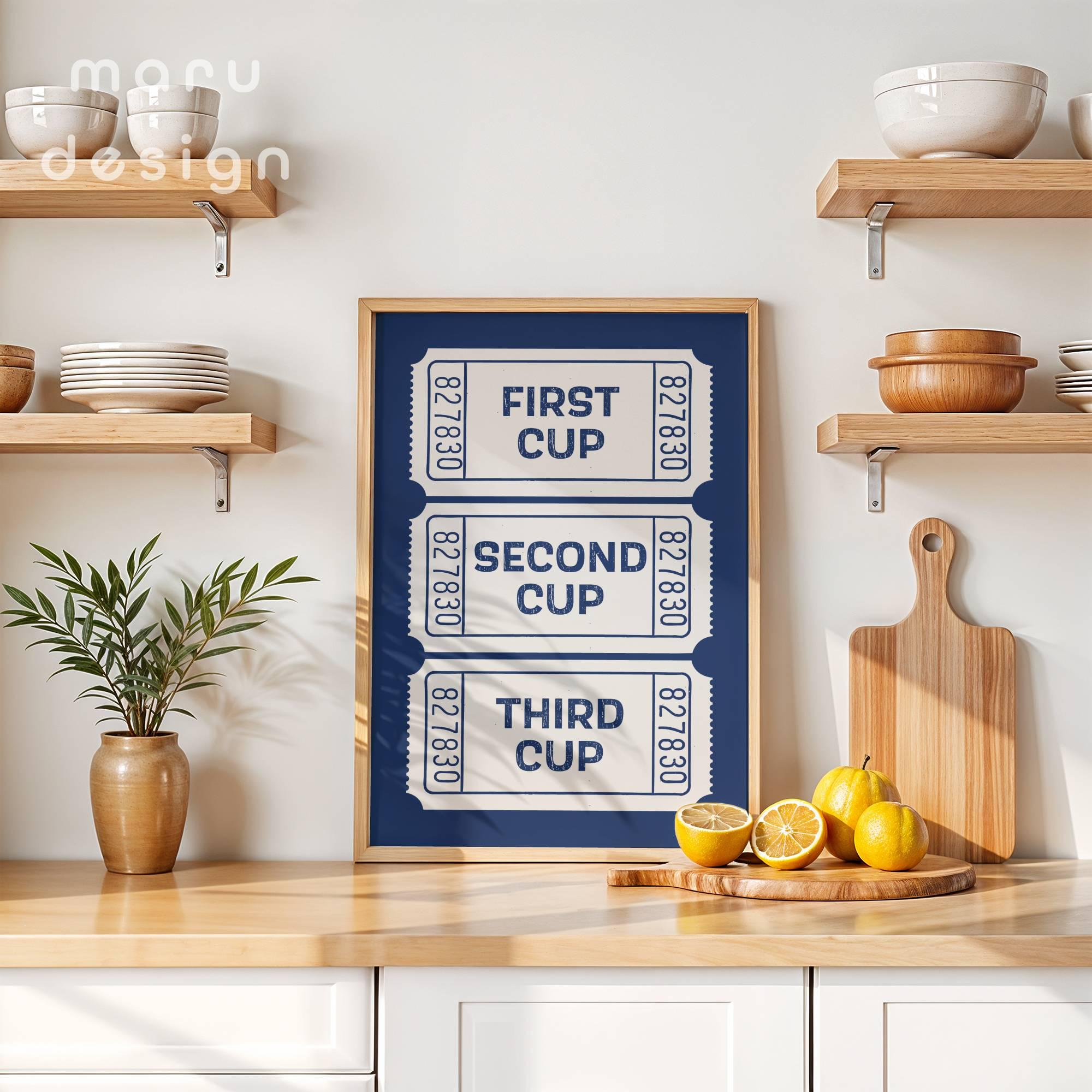 Coffee Ticket Stub Print, Retro Kitchen Wall Art, Navy Blue Poster