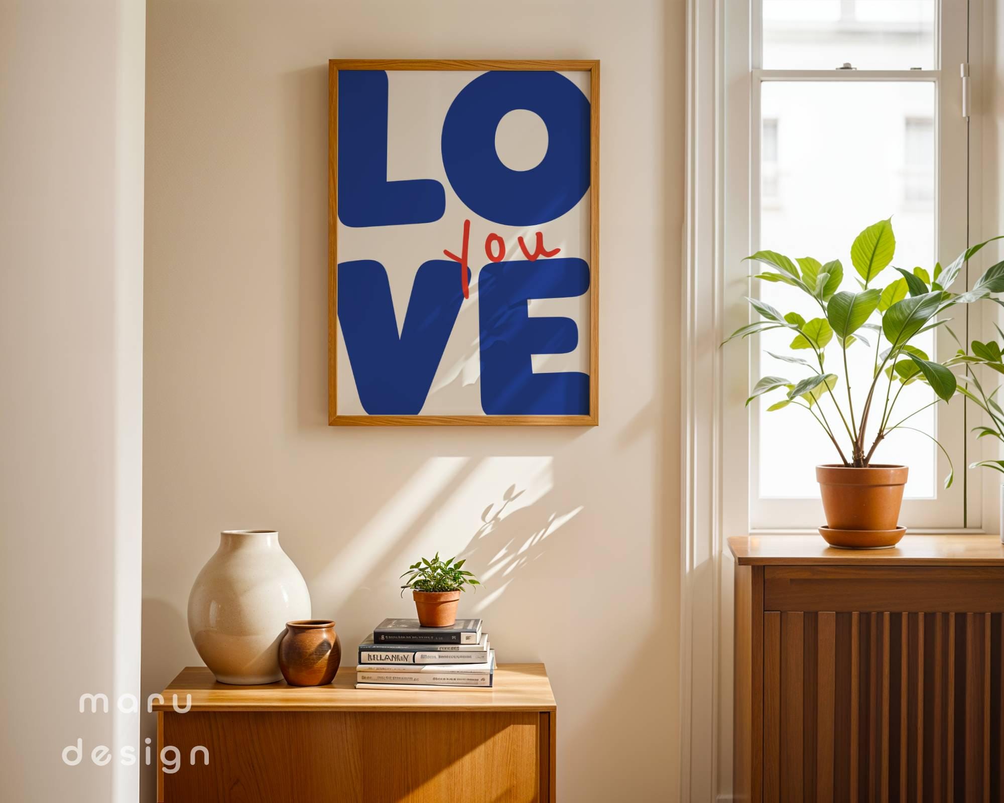 Love You Wall Art, Trendy Retro Blue and Red Print, Boho Aesthetic Living Room Poster, Cute Apartment Decor, Above Bedroom, Digital Download