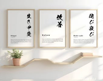 Ikigai Kaizen Wabi-sabi Definition Set of 3 Prints, Printable Japanese Quote Wall Art, Japandi Decor, Minimalist Poster (Digital Download)
