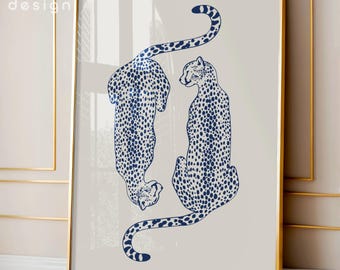 Marineblauer Geparden-Druck, Retro Funky Wandkunst (Digitaler Download)