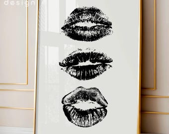 Black Kiss Lips Wall Art, Retro Funky Print, Preppy Poster, Apartment Decor (Digital Download)