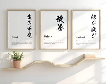 Ikigai Kaizen Wabi-sabi Definition Wall Art,  Set of 3 Prints, Japandi Poster, Beautiful Word Print, Japanese Artwork, Japanese Quote