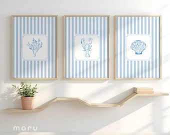 Light Blue Coastal Set of 3 Prints, Retro Striped Wall Art, Beach House Decor (Digital Download)