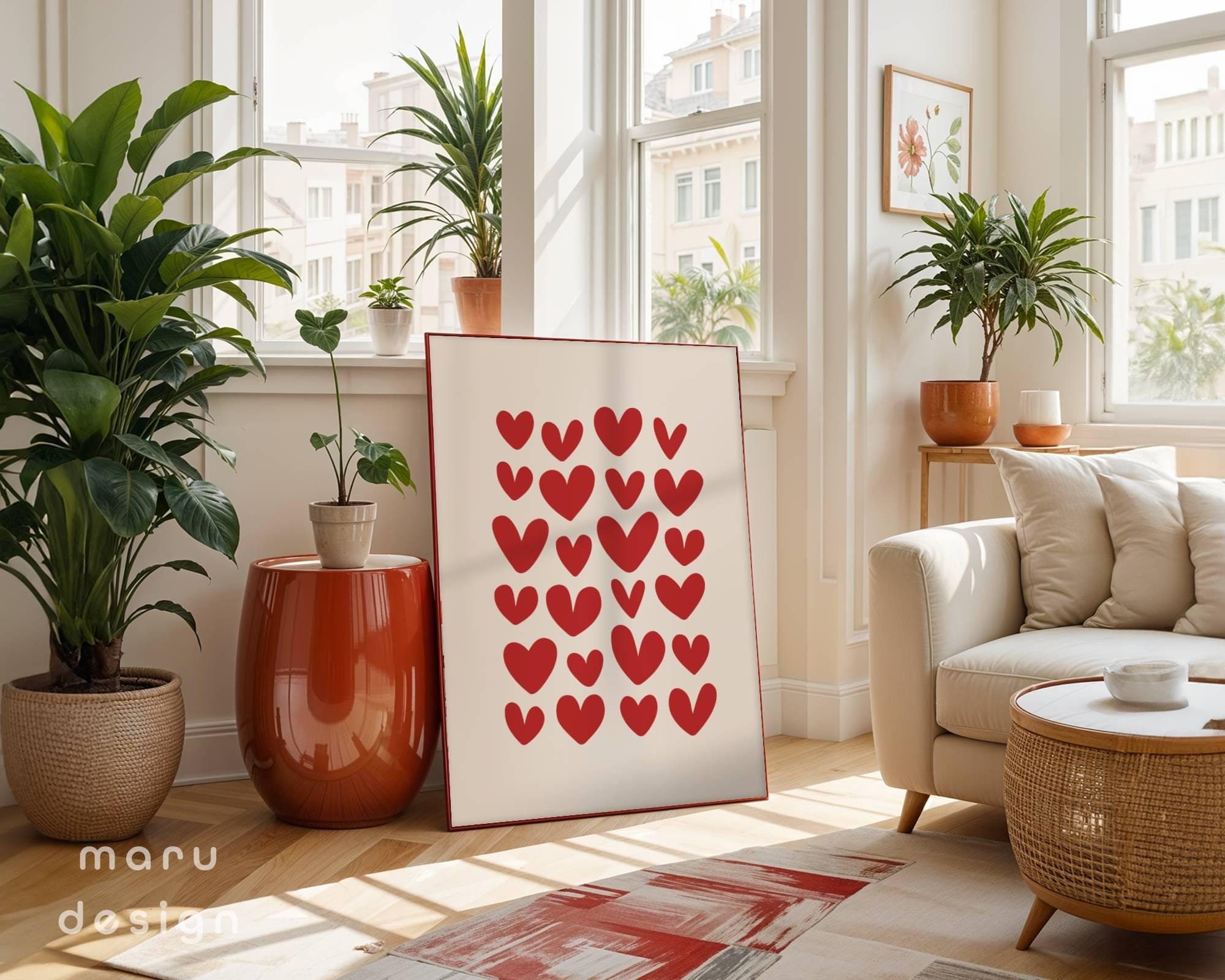 Red Hearts Wall Art, Abstract Hand Drawn Heart, Preppy Printable Poster, Love Print, Y2K Cute Prints, Girly College Dorm, Apartment Decor