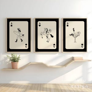 Jeu de 3 cartes à jouer Cowgirl western beige noir, impression, affiche rétro imprimable, art mural tendance mignon, décoration moderne du sud-ouest des États-Unis, maximaliste
